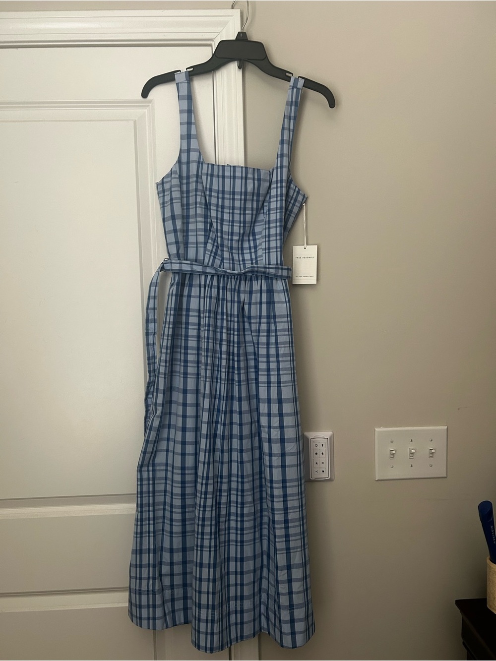 Blue Plaid Maxi Dress with Square Neck